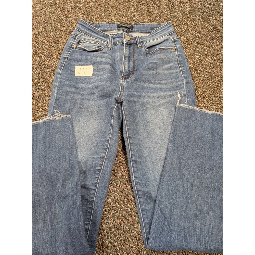 Judy Blue High Waist Skinny Jeans Medium Wash Raw‎ Frayed Hem Side Slit 3/26